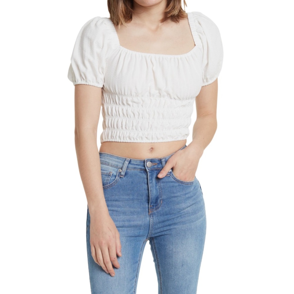 NEW Elodie Nordstrom White Smocked Square Neck Blouse Top Shirred Off-Shoulder M - Picture 5 of 7